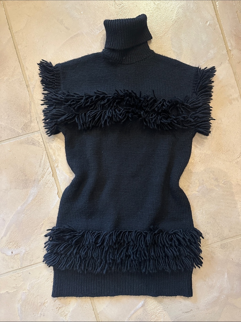 Rachel Zoe Black Sleeveless Fringe Turtleneck Sweater